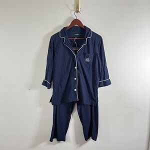 Lauren Ralph Lauren Polka Dot Pajama Set Navy White Cotton Capri Pants Medium